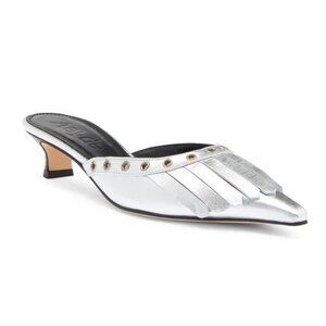 AEYDE Tania Kiltie Fringe Mule Kitten Heels EU 36 5 5.5 Silver Leather NEW $395